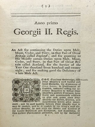 Item #213 An act for continuing the duties upon malt, mum, cyder, and perry, in that part of...
